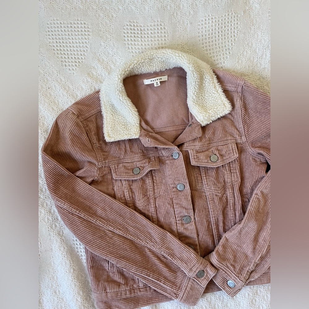 PacSun Tan Corduroy Jacket with Cream Sherpa Collar